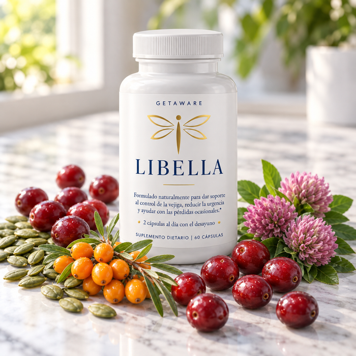 Frasco de Libella rodeado de sus ingredientes naturales